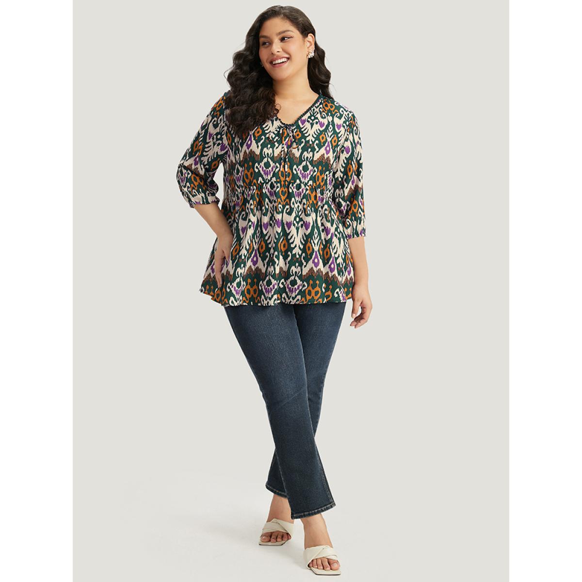 Plus Size Green Bandana Print Ties Pompom Trim Blouse Women Vacation Elbow-length sleeve V-neck Dailywear Blouses BloomChic 26/4X Product Image