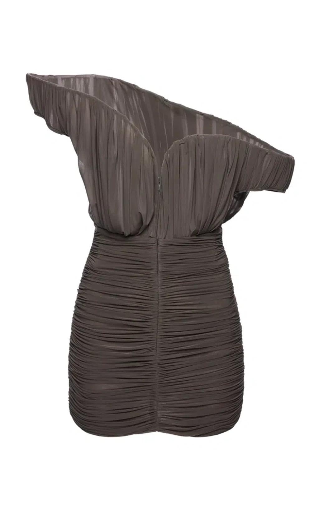 MAGDA BUTRYM Asymmetric One-shoulder Corset Dress With Ruffles In Brown Product Image