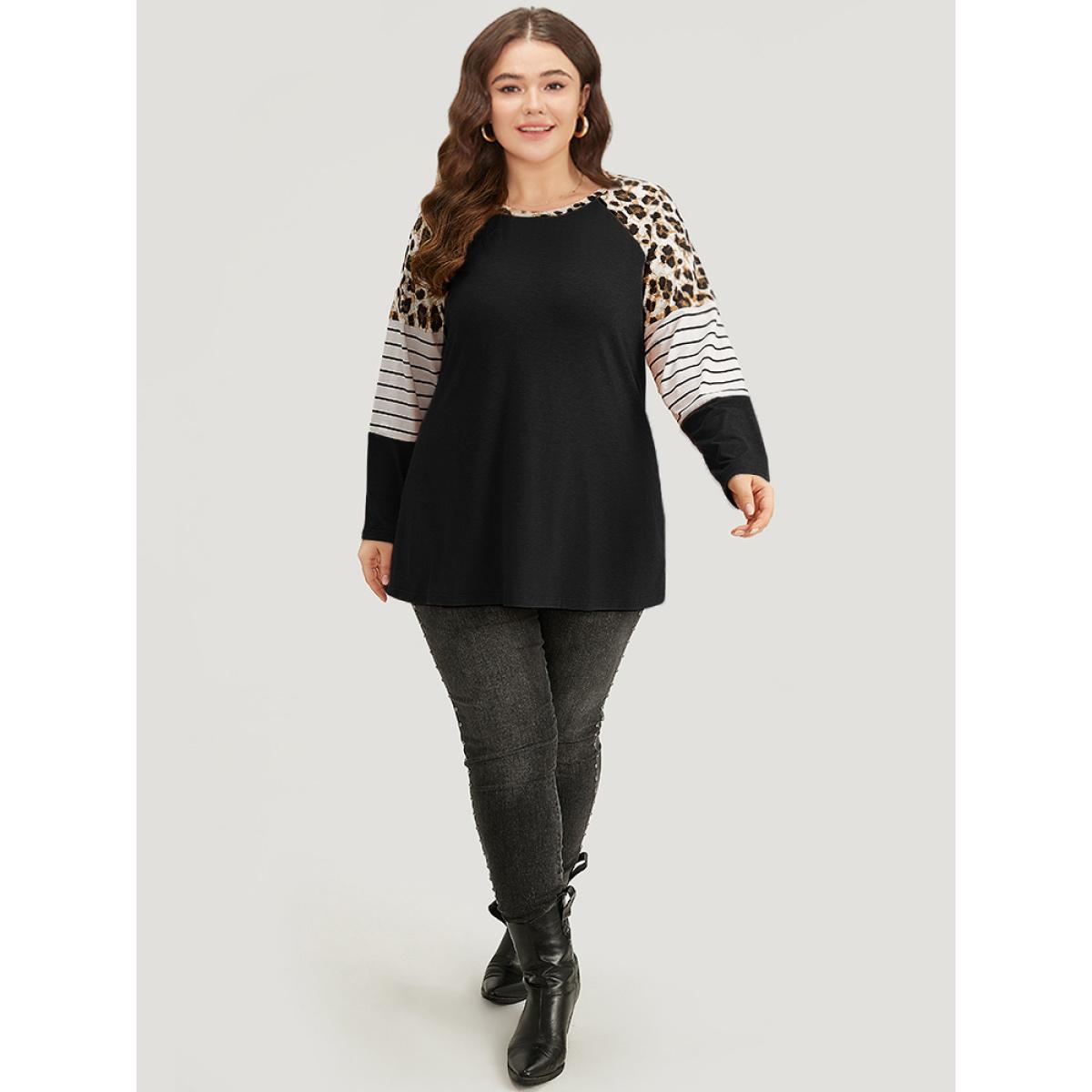 Plus Size Striped Patchwork Leopard Print Crew Neck T-shirt Black Women Casual Contrast Leopard Round Neck Dailywear T-shirts BloomChic 14-16/1X Product Image