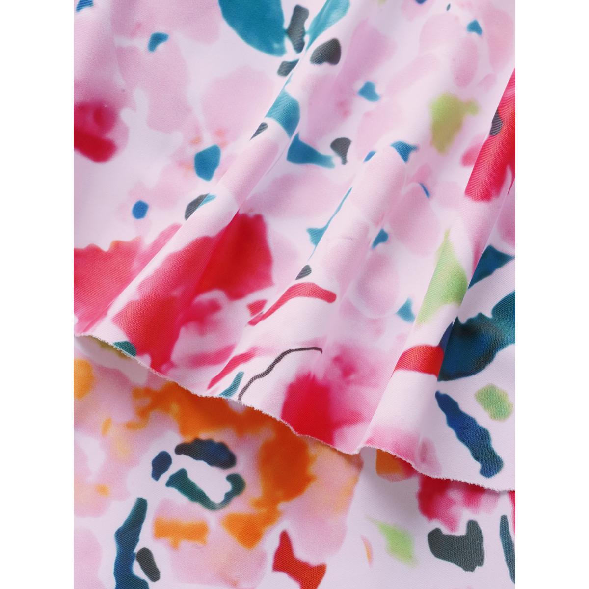 Plus Size Tropical Adjustable Straps Cold Shoulder Ruffles Trim Swim Dress Women's Swimwear Peach Beach Bodycon One-shoulder neck High stretch Curve Swim Dresses BloomChic 30/6X Product Image