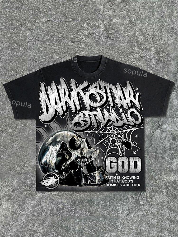 Sopula Darkstar-God's Skull Print Pattern Acid Washed T-Shirt Product Image
