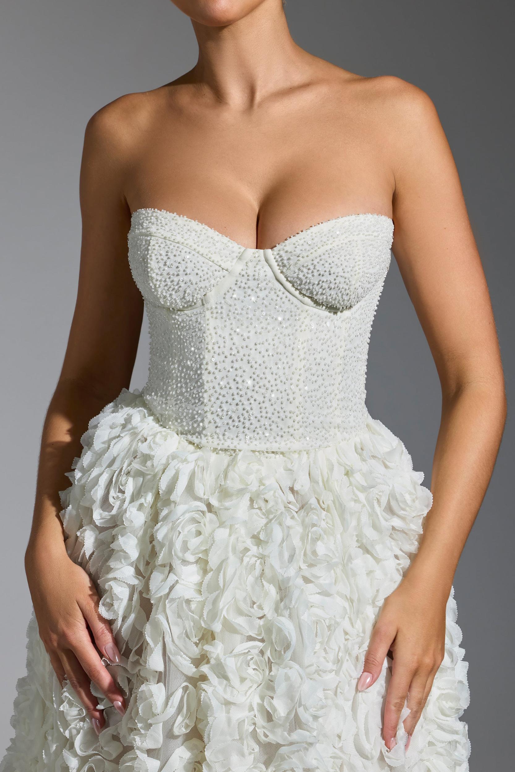 Embellished Floral-Appliqué Corset Gown in White Product Image