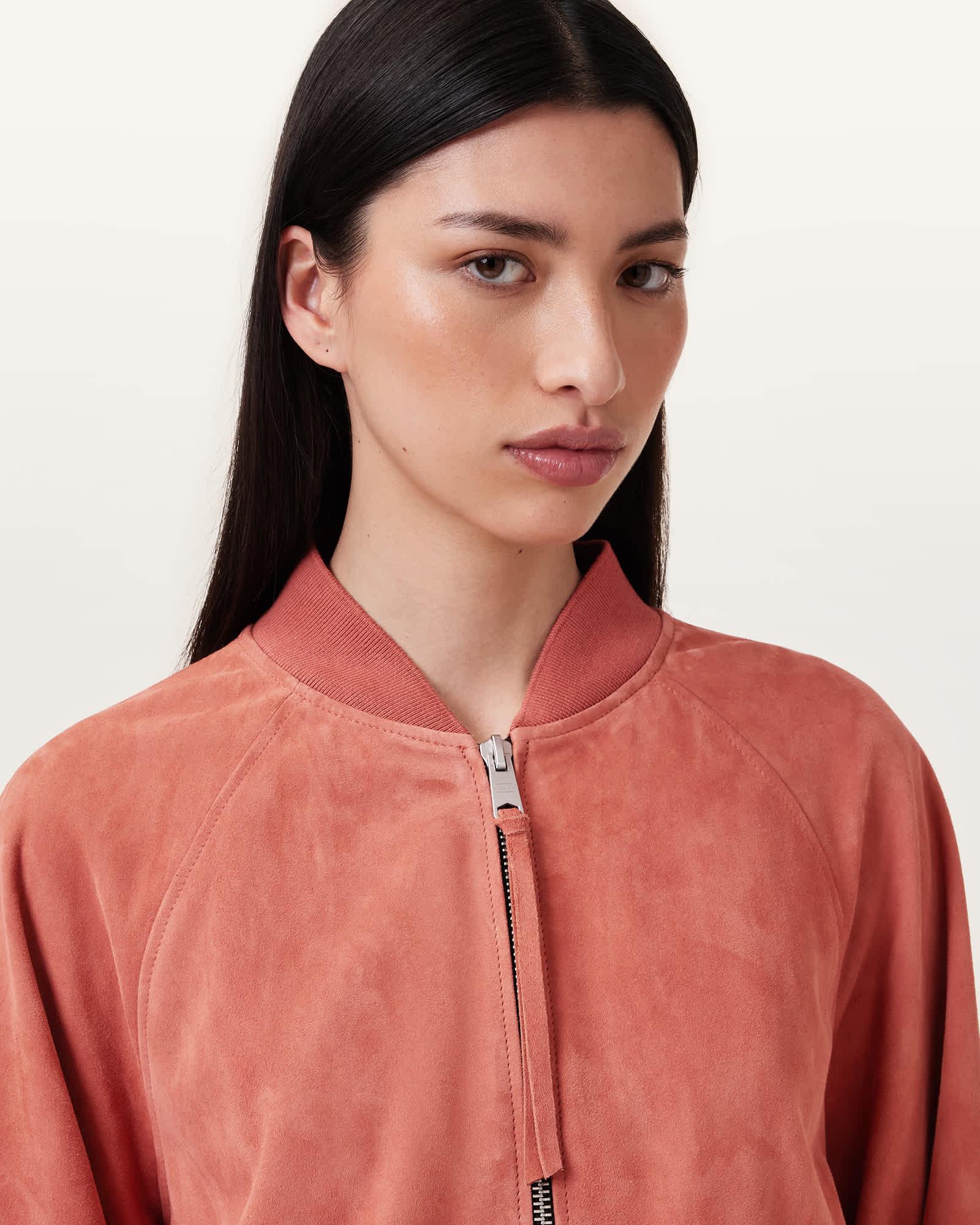 Dana Relaxed Fit Suede Bomber Jacket BURNT BRICK RED | ALLSAINTS US Product Image