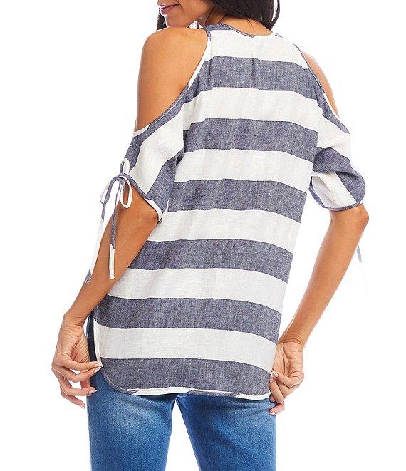 Karen Kane Linen Striped Cold Shoulder V-Neck Short Sleeve Top Product Image