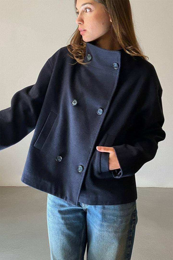 Double-breasted coat with high neck Product Image