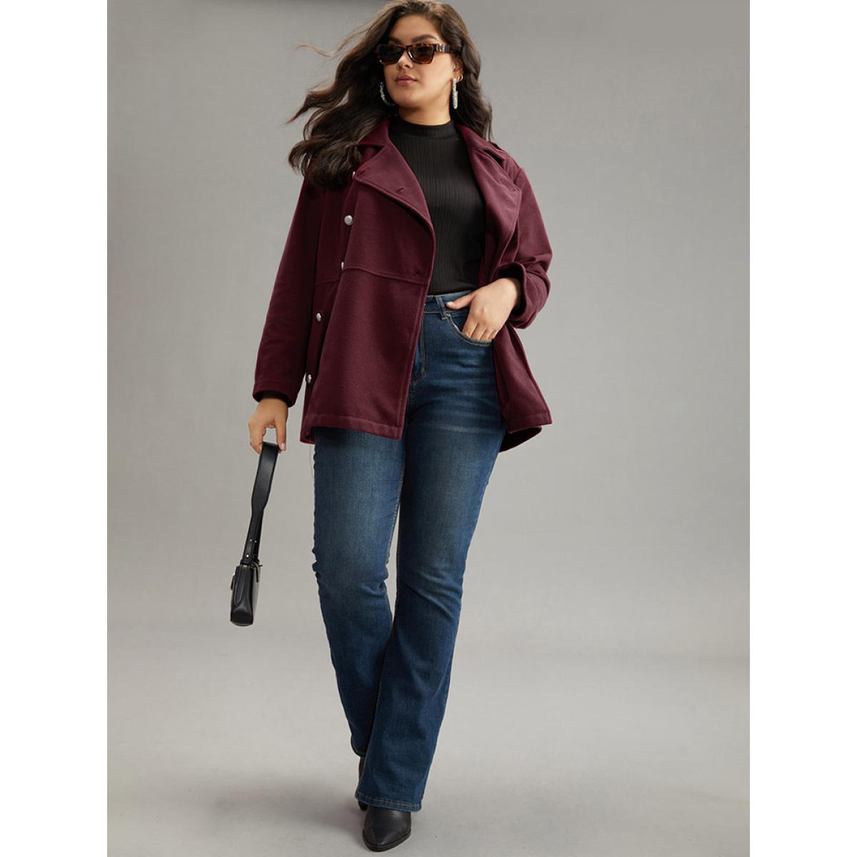 Plus Size Solid Button Detail Pocket Lapel Collar Coat Women Scarlet Casual Plain Ladies Dailywear Winter Coats BloomChic 22-24/3X Product Image