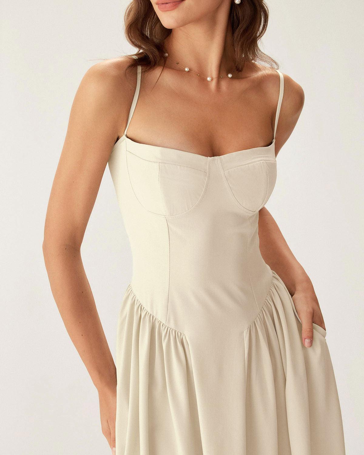 Beige Square Neck Pocket Slip Midi Dress Product Image