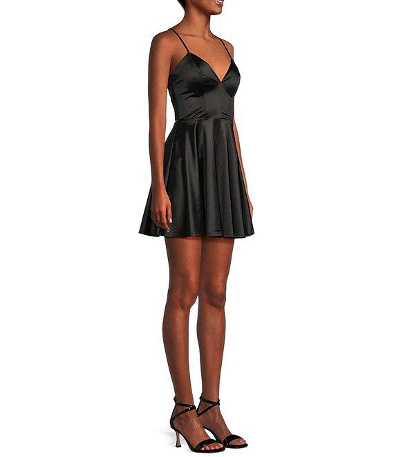 Honey and Rosie Sateen V-Neck Spaghetti Strap Fit & Flare Dress Product Image