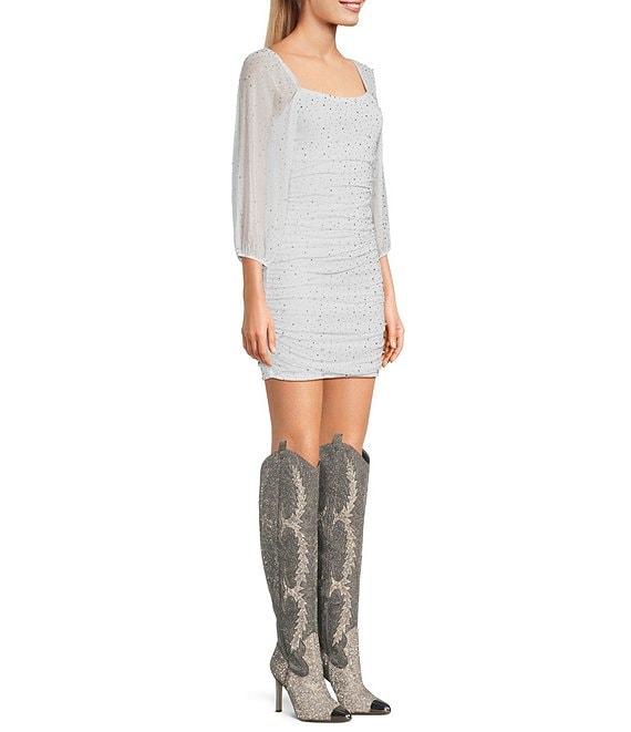 Xtraordinary Rhinestone 3/4 Mesh Sleeve Ruched Bodycon Dress Product Image