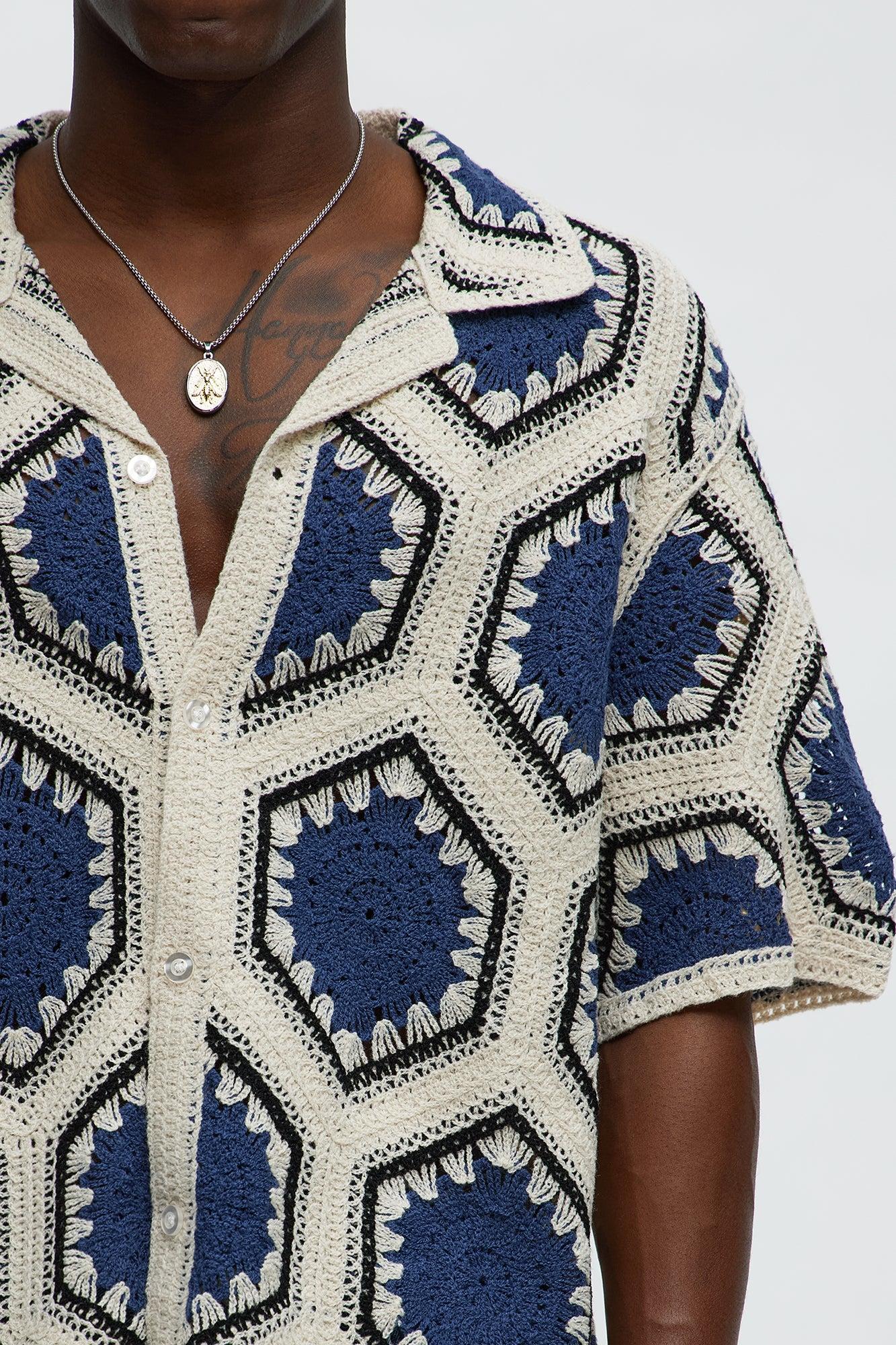 Vacay Vibes Crochet Button Up Shirt - Navy/combo Male Product Image