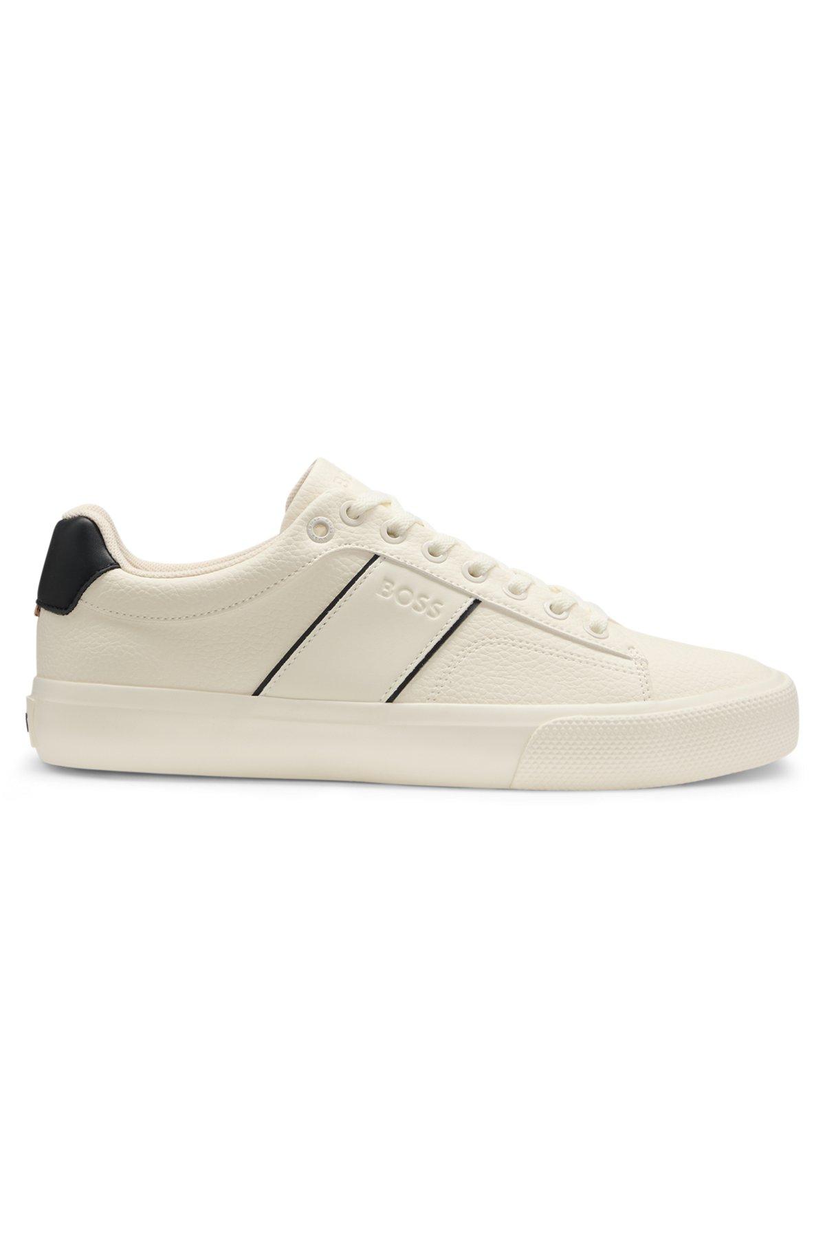 BOSS - Faux-leather trainers with plain and grained textures - White Product Image