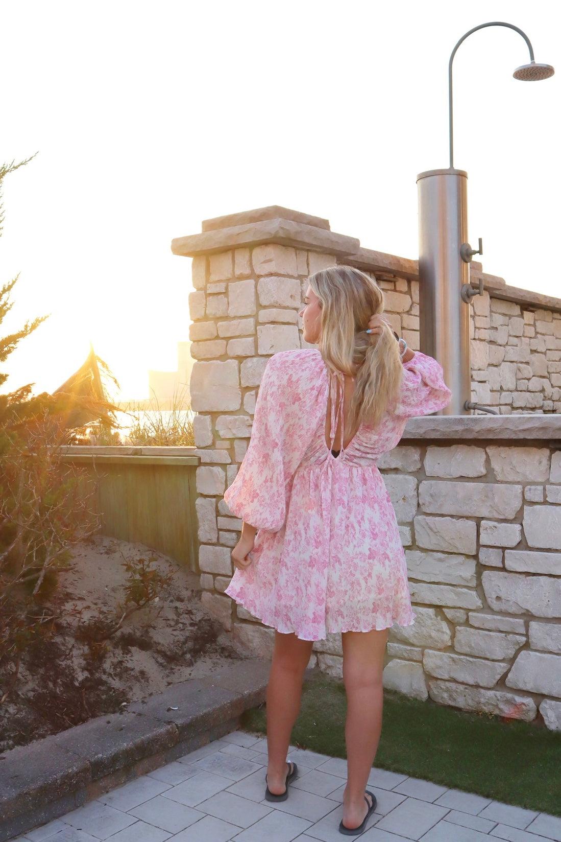 FINAL SALE Priyanka Puff Sleeve Floral Mini Dress | Pink White Product Image