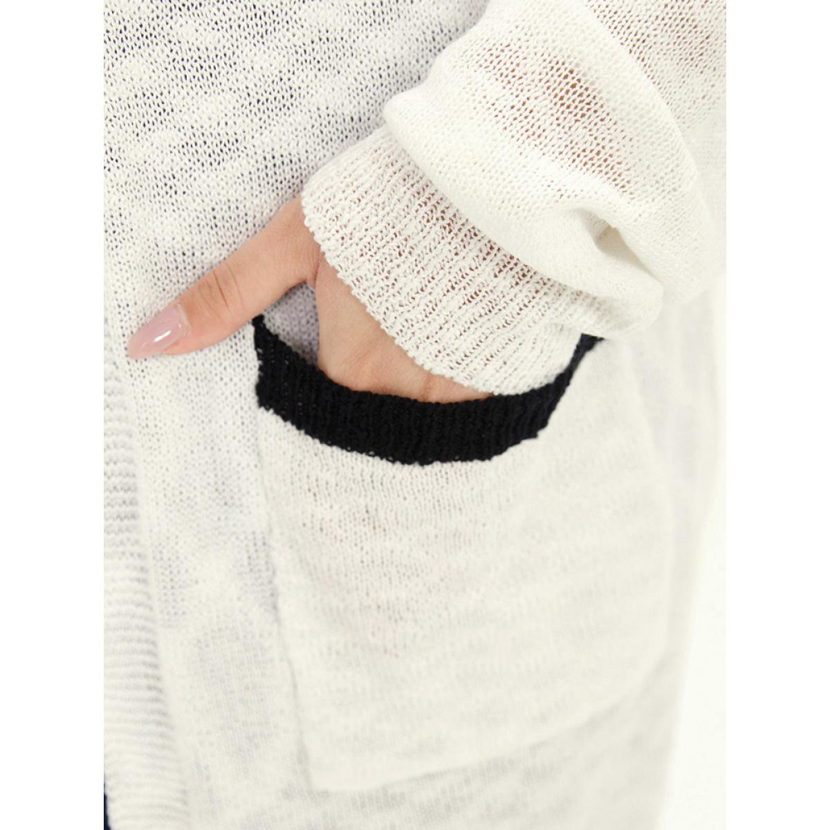 Plus Size Contrast Patched Pocket Open Front Cardigan White Women Casual Loose Long Sleeve Everyday Cardigans BloomChic 12/L Product Image