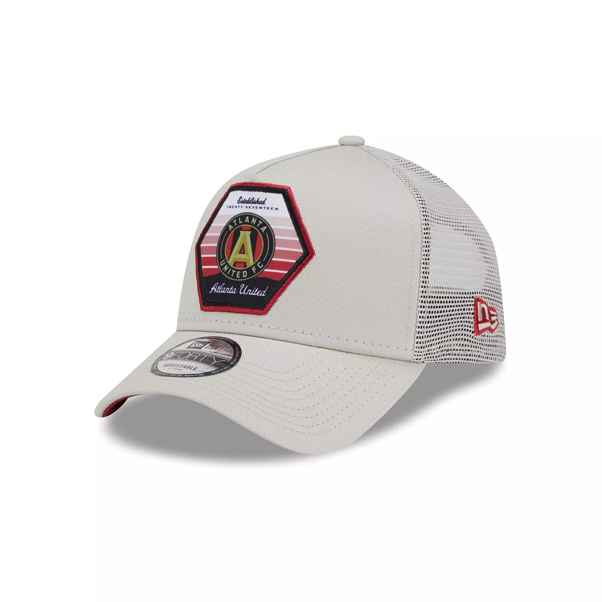 Men's New Era Cream Atlanta United FC Established Patch 9FORTY A-Frame Trucker Adjustable Hat, Atu Beige Product Image
