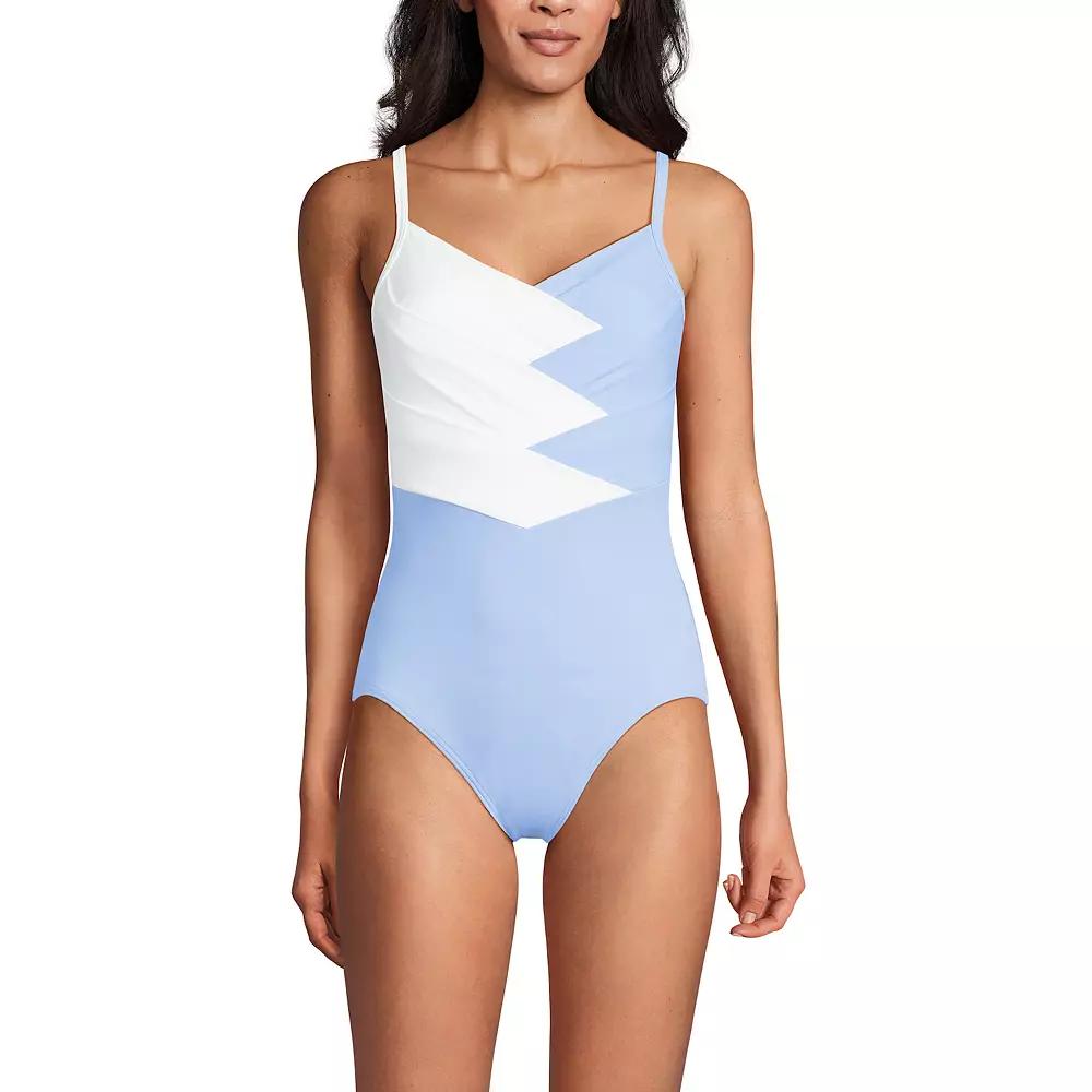 Womens Lands End Slendertex V-Neck Pleated Crossback One-Piece Swimsuit Product Image