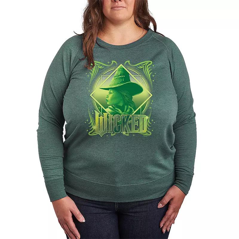 Plus Size Wicked Elphaba Portrait French Terry Long Sleeve Tee, Womens Grey Green Product Image
