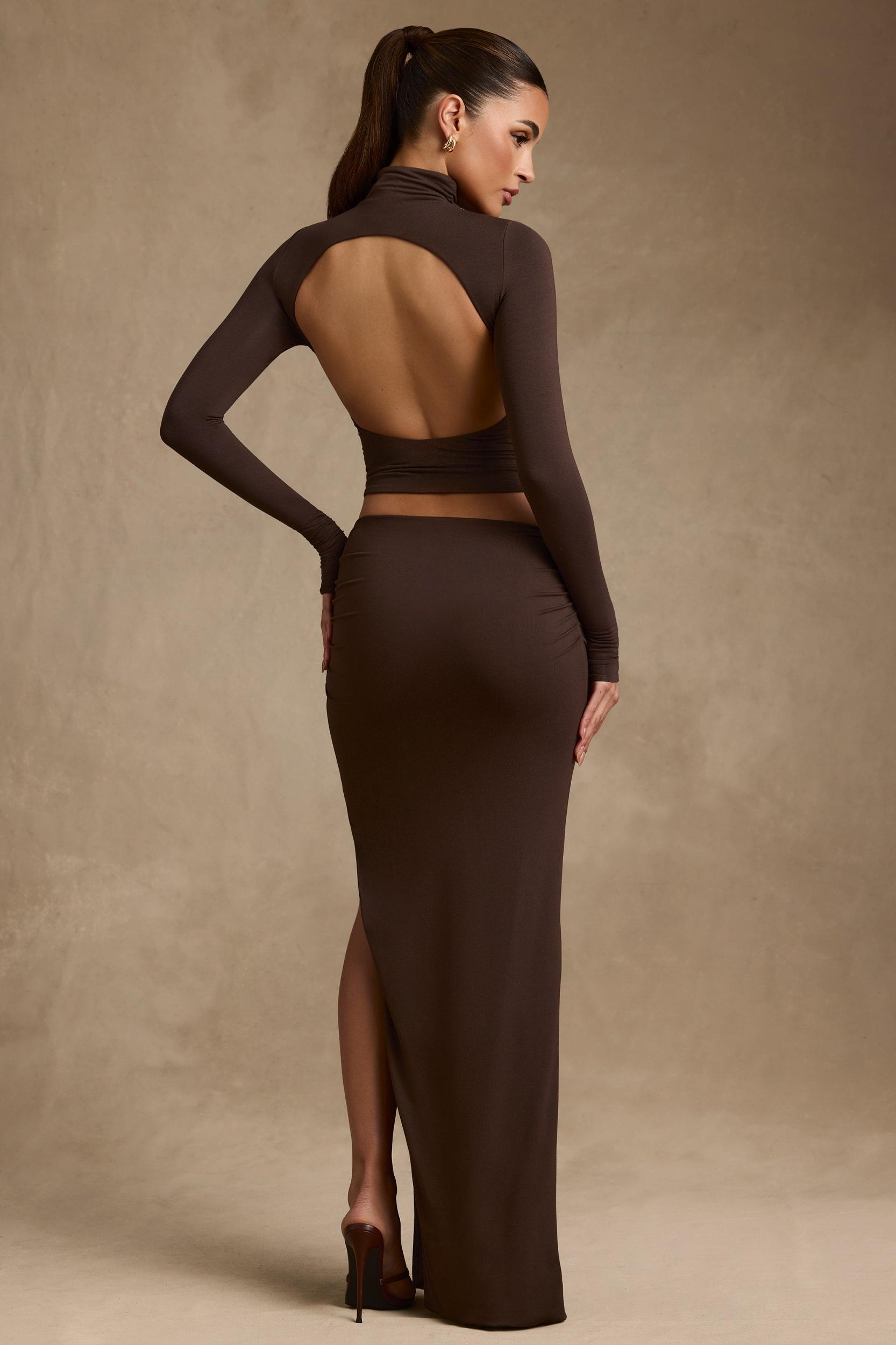 Modal Asymmetric-Waist Maxi Skirt in Chocolate Brown Product Image
