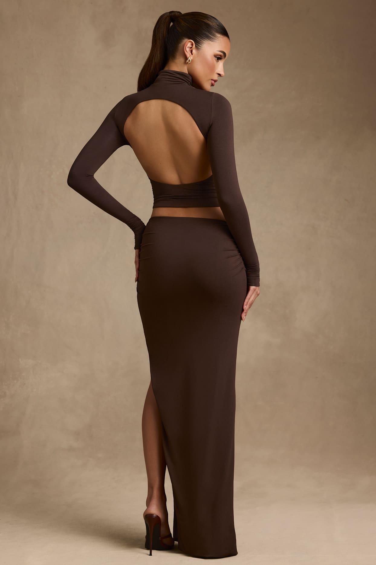 Modal Asymmetric-Waist Maxi Skirt in Chocolate Brown Product Image