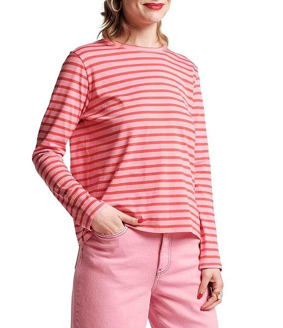 FRANCES VALENTINE Tonal Pima Cotton Crew Neck Long Sleeve Stripe Print Tee Shirt Product Image