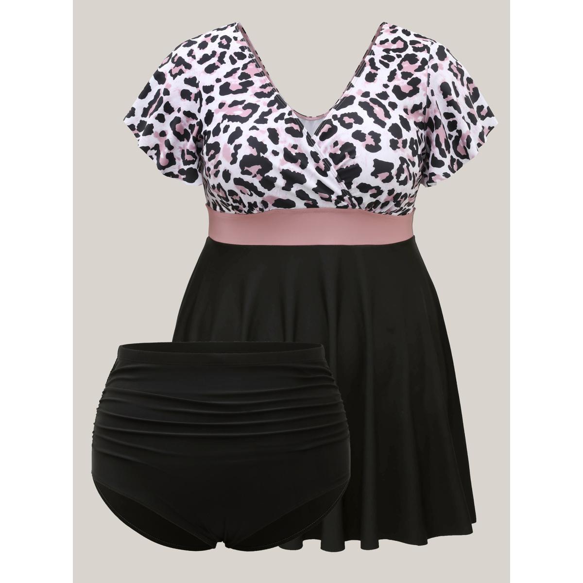 Plus Size Leopard Print Color Contrast Swim Dress Women's Swimwear Black Beach Bodycon Overlap Collar High stretch Curve Swim Dresses BloomChic 28/5X Product Image
