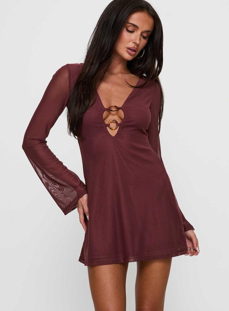 Artique Long Sleeve Mini Dress Brown Product Image