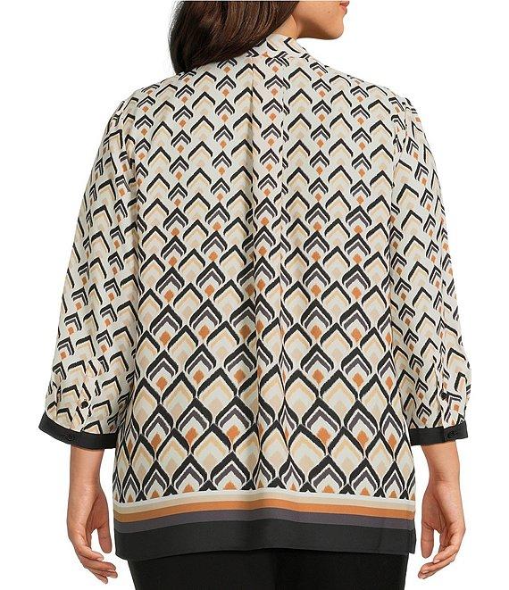 Investments Plus Size Caroline Signature Diamond Border V-Neck 3/4 Sleeve Button Front Top Product Image