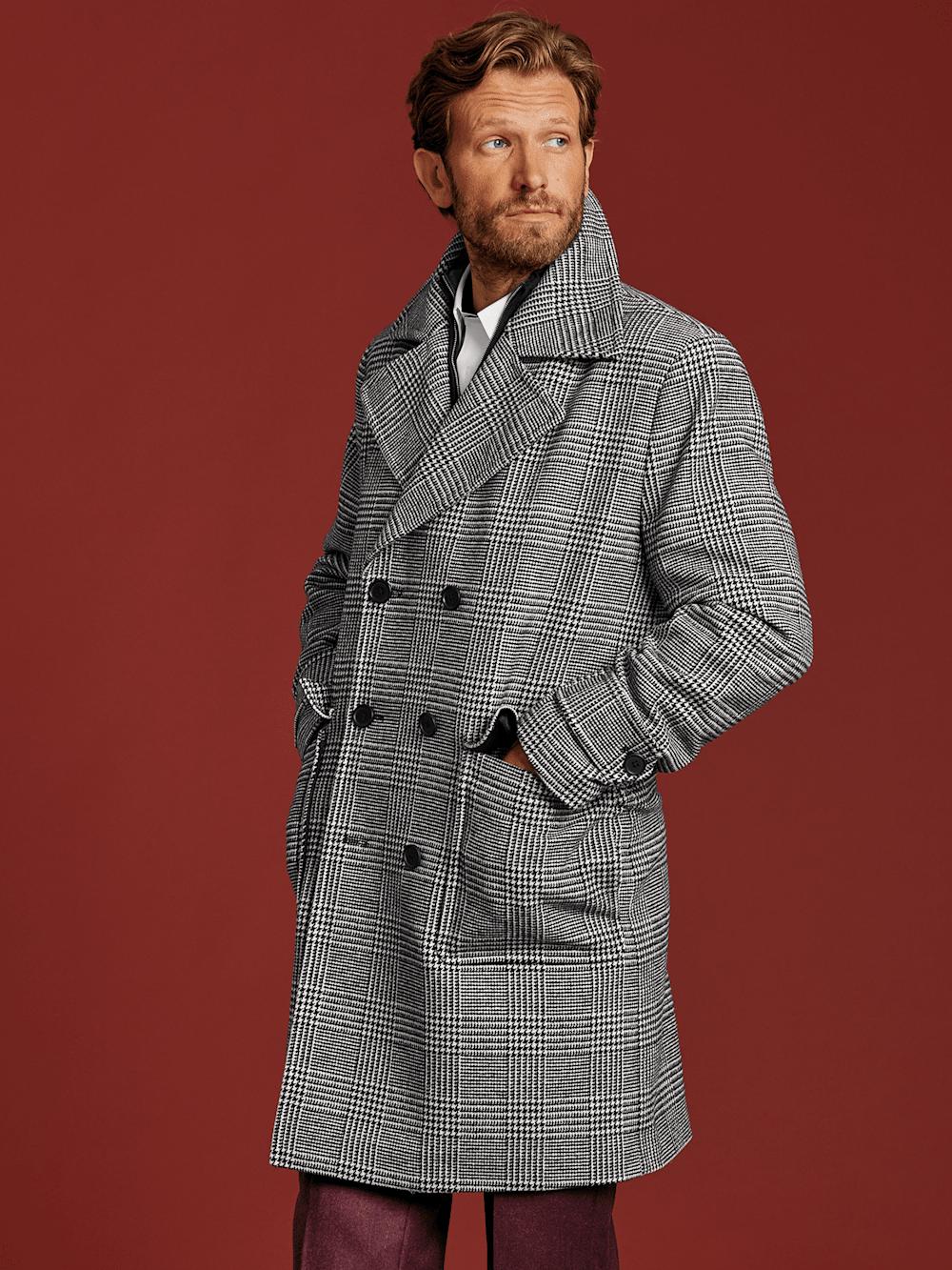 Wool Blend Plaid Double Breasted Topcoat - Black/white Product Image