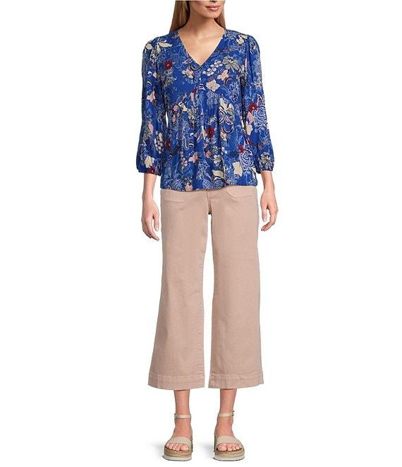 Nurture by Westbound Petite Size Woven Floral Print 3/4 Sleeve V-Neck Top Product Image