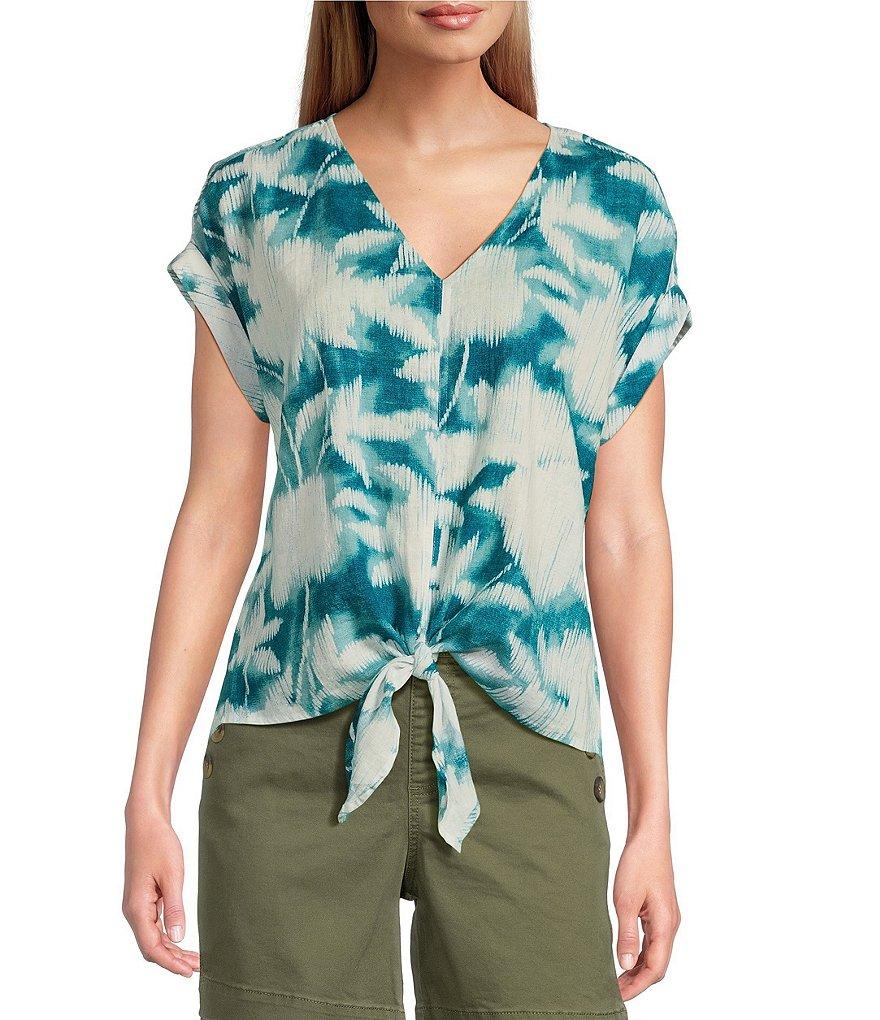 Westbound Enchanted Garden Short Sleeve V-Neck Tie Front Top Product Image