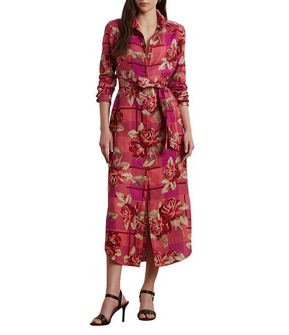 Lauren Ralph Lauren Linen Floral Print Checked Belted Point Collar Shirt Maxi Dress Product Image