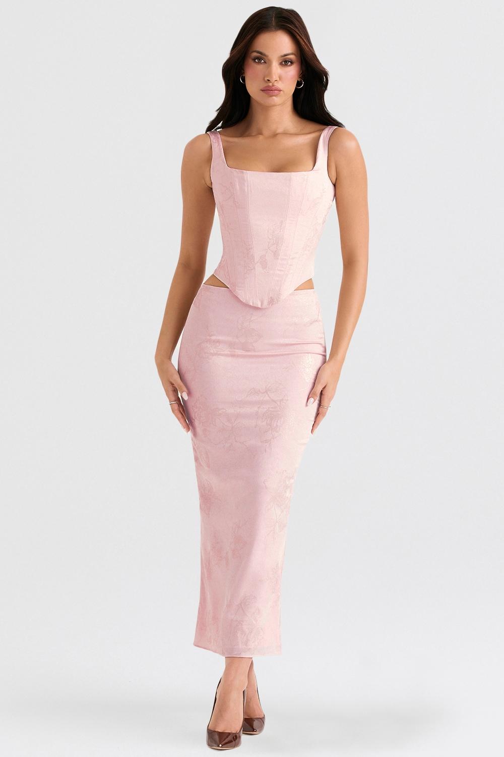 Luisette  pink metallic floral satin midi skirt Product Image