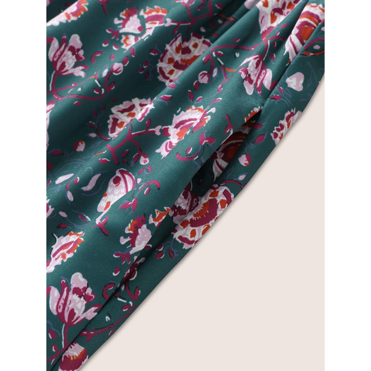 Plus Size Bandana Floral Print Lantern Sleeve Gathered Dress Emerald Women Resort Non Round Neck Elbow-length sleeve Curvy Midi Dress BloomChic 18-20/2X Product Image