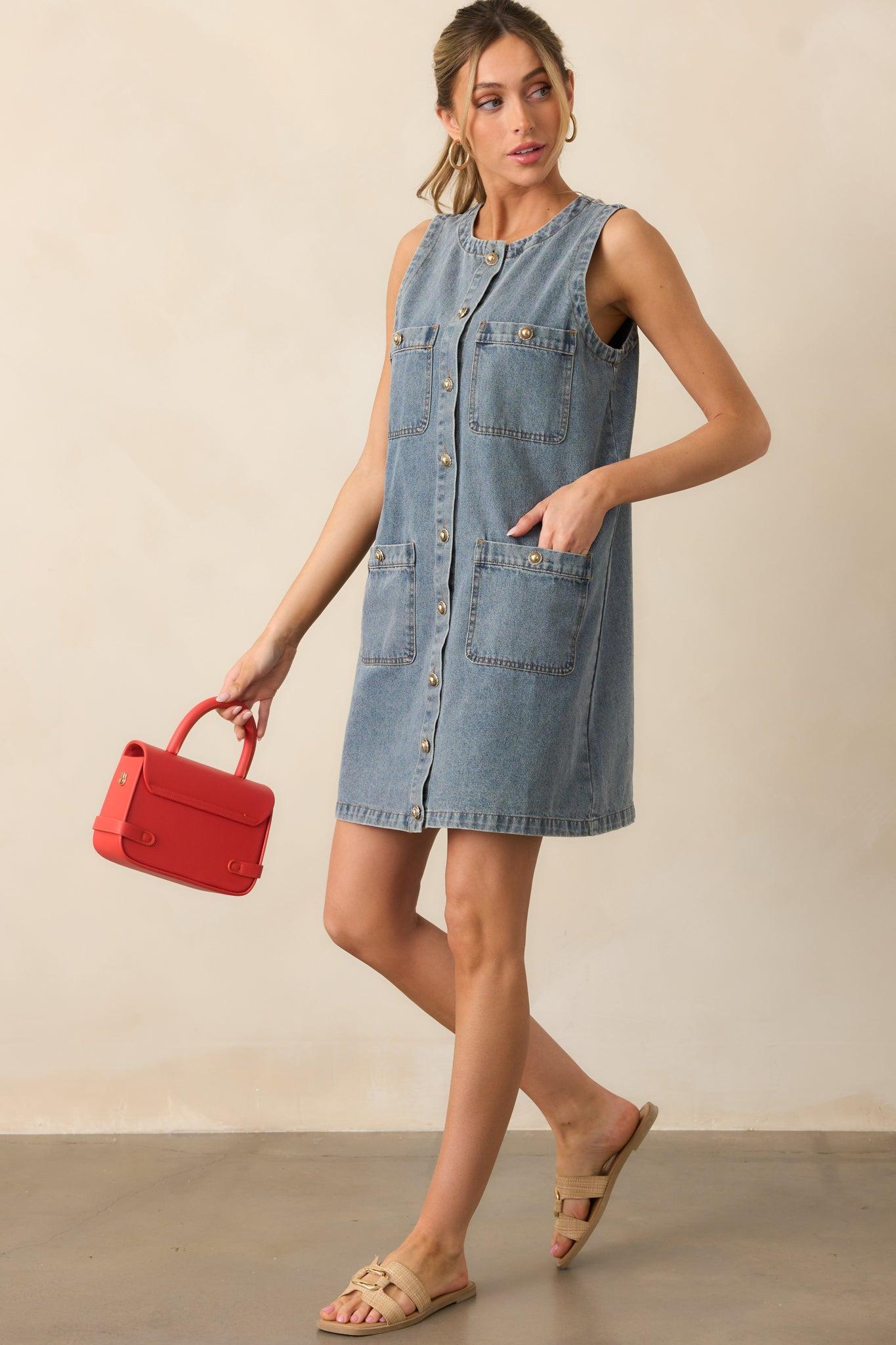 Urban Legend Medium Wash Button Front Denim Mini Dress Product Image