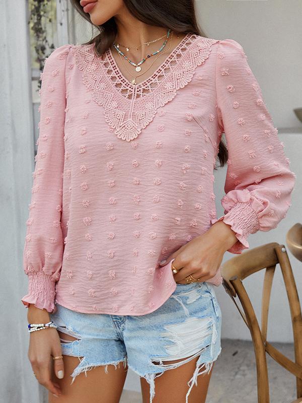 Long Sleeves Loose Elasticity Hollow Jacquard Solid Color V-Neck Blouses&Shirts Tops Product Image