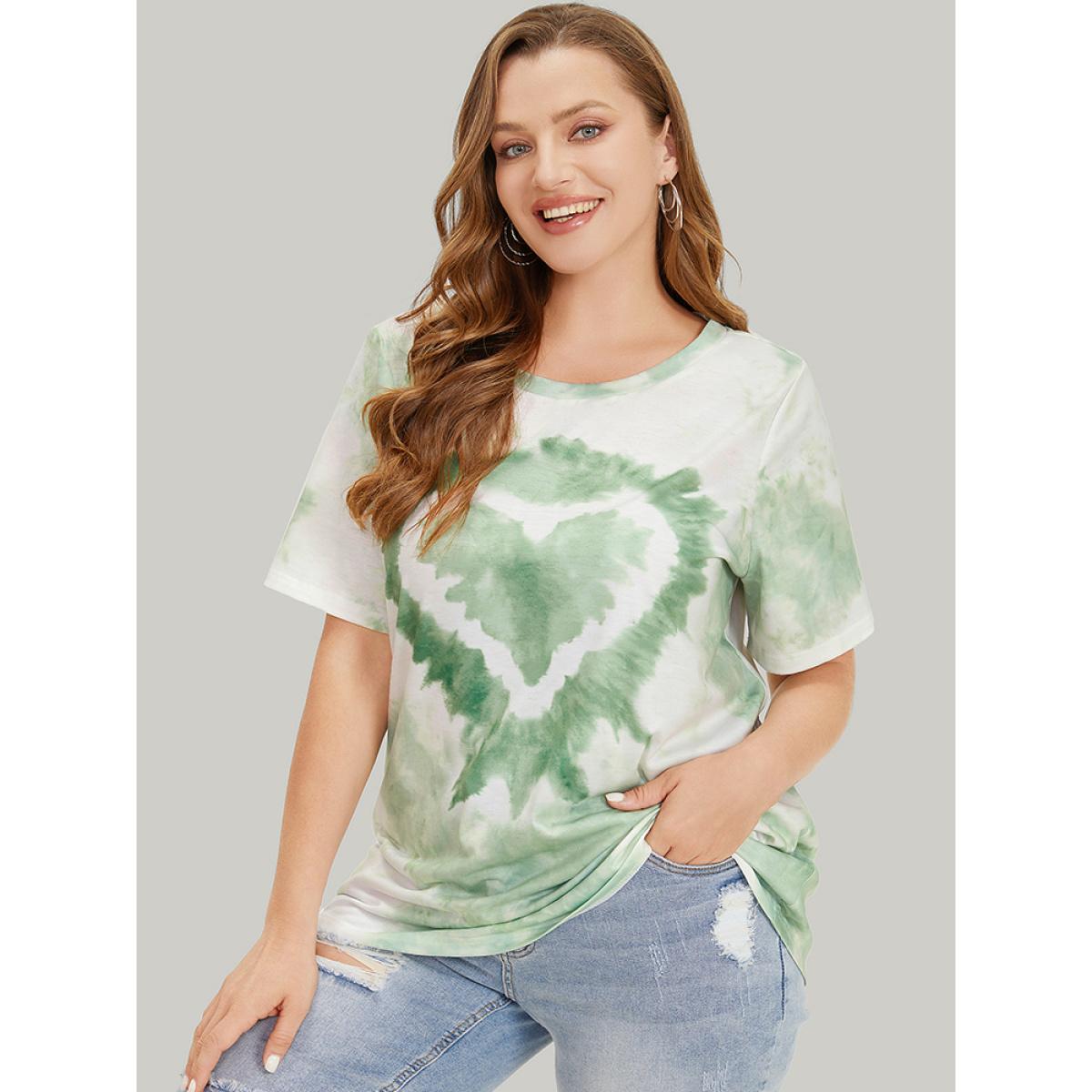 Plus Size Heart Print Crew Neck Tie Dye T-shirt Green Women Casual Heart Print Round Neck Dailywear T-shirts BloomChic 30/6X Product Image