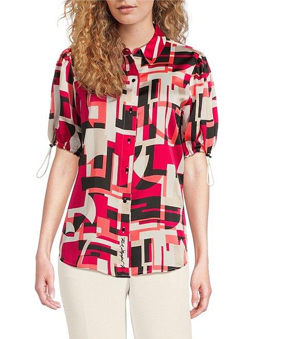 KARL LAGERFELD PARIS Satin Back Crepe-De-Chine Geometric Print Point Collar Short Sleeve Button Front Top Product Image