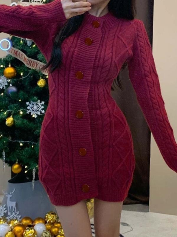 Solid Cable Knit Breasted Mini Dress Product Image