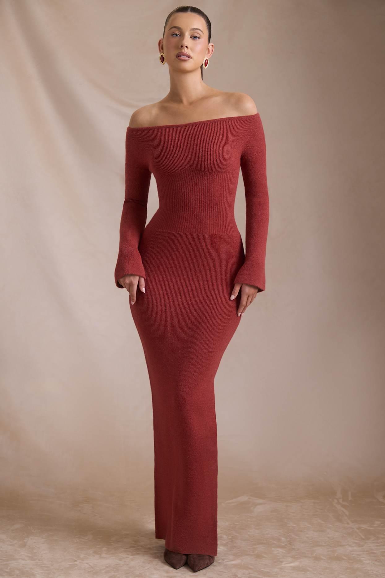 Ribbed-Knit Off-Shoulder Maxi Dress in Brick Red Product Image