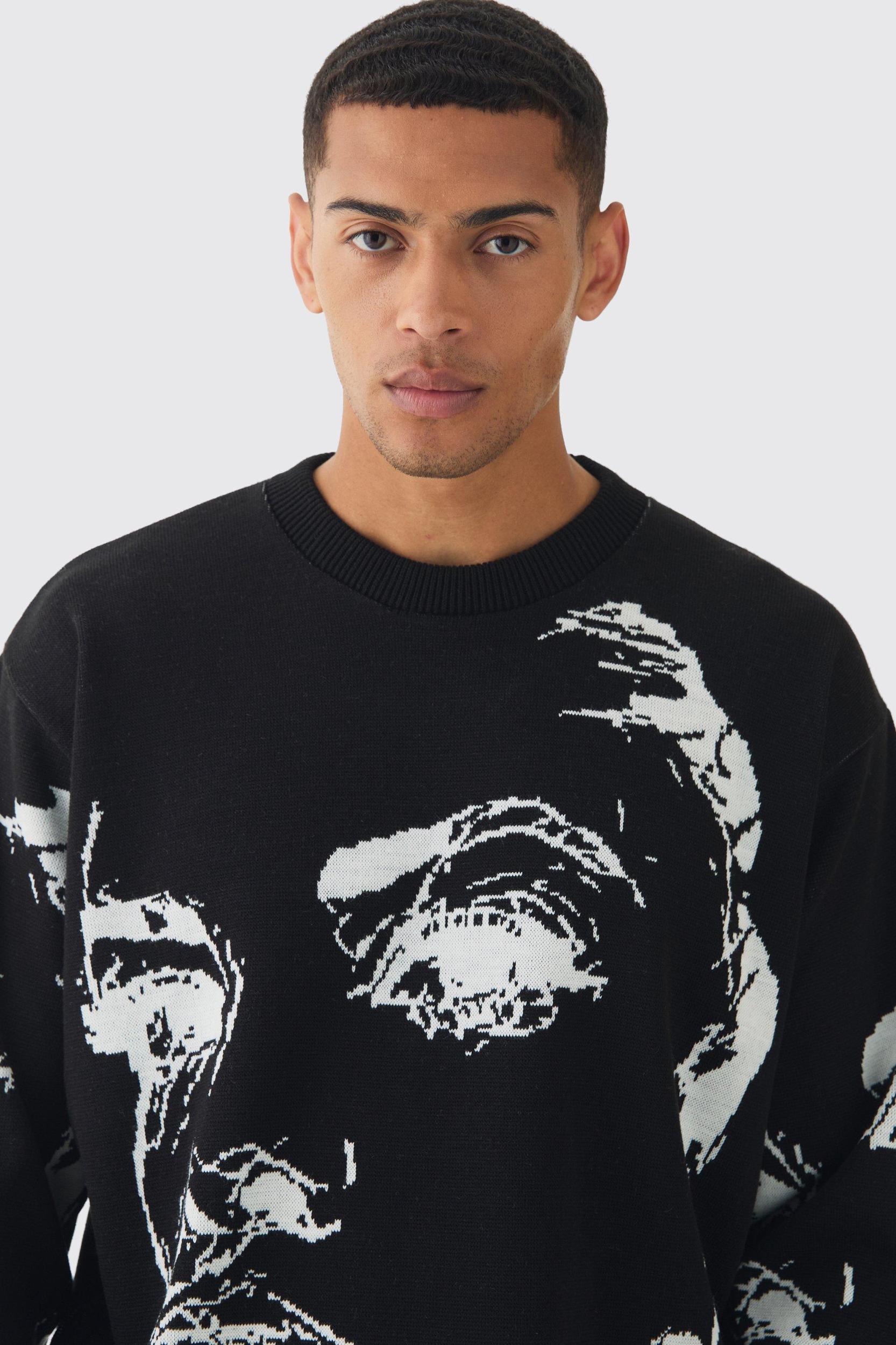 Oversized Boxy Line Face Knitted Sweater | boohooMAN USA Product Image