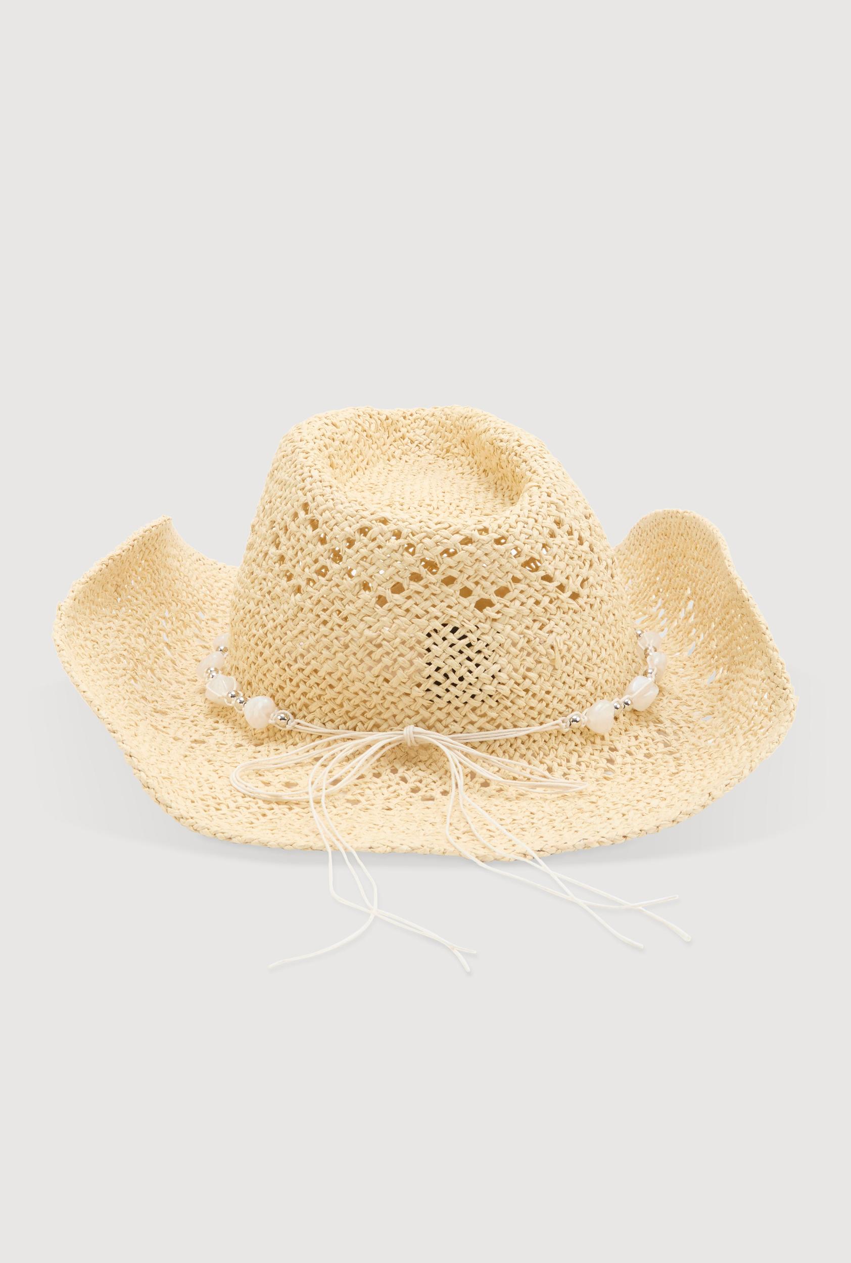 Beaded Trim Straw Cowboy Hat Female Product Image
