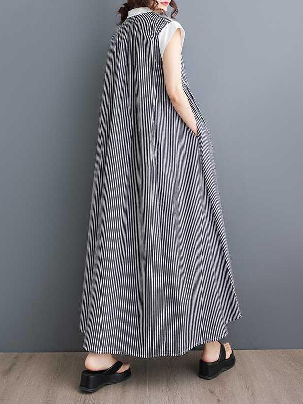 Cap Sleeve Loose Buttoned Striped Lapel Maxi Dresses Shirt Dress Product Image