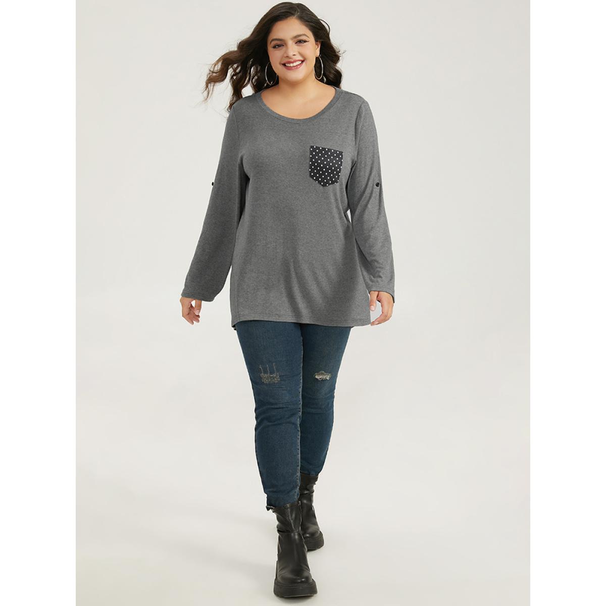 Plus Size Polka Dot Patched Pocket Tab Sleeve T-shirt DimGray Women Casual Contrast Polka Dot Round Neck Dailywear T-shirts BloomChic 12/L Product Image