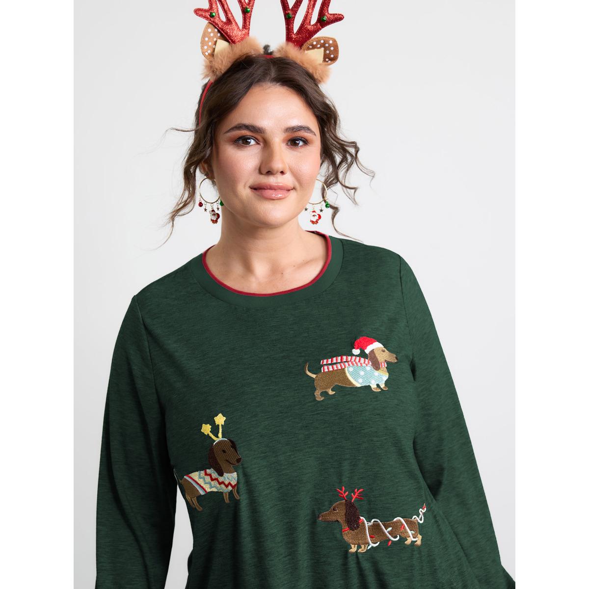 Plus Size Supersoft Puppy Embroidery Contrast T-Shirt Cyan Women Playful Animals Round Neck Casual T-shirts BloomChic 30/6X Product Image