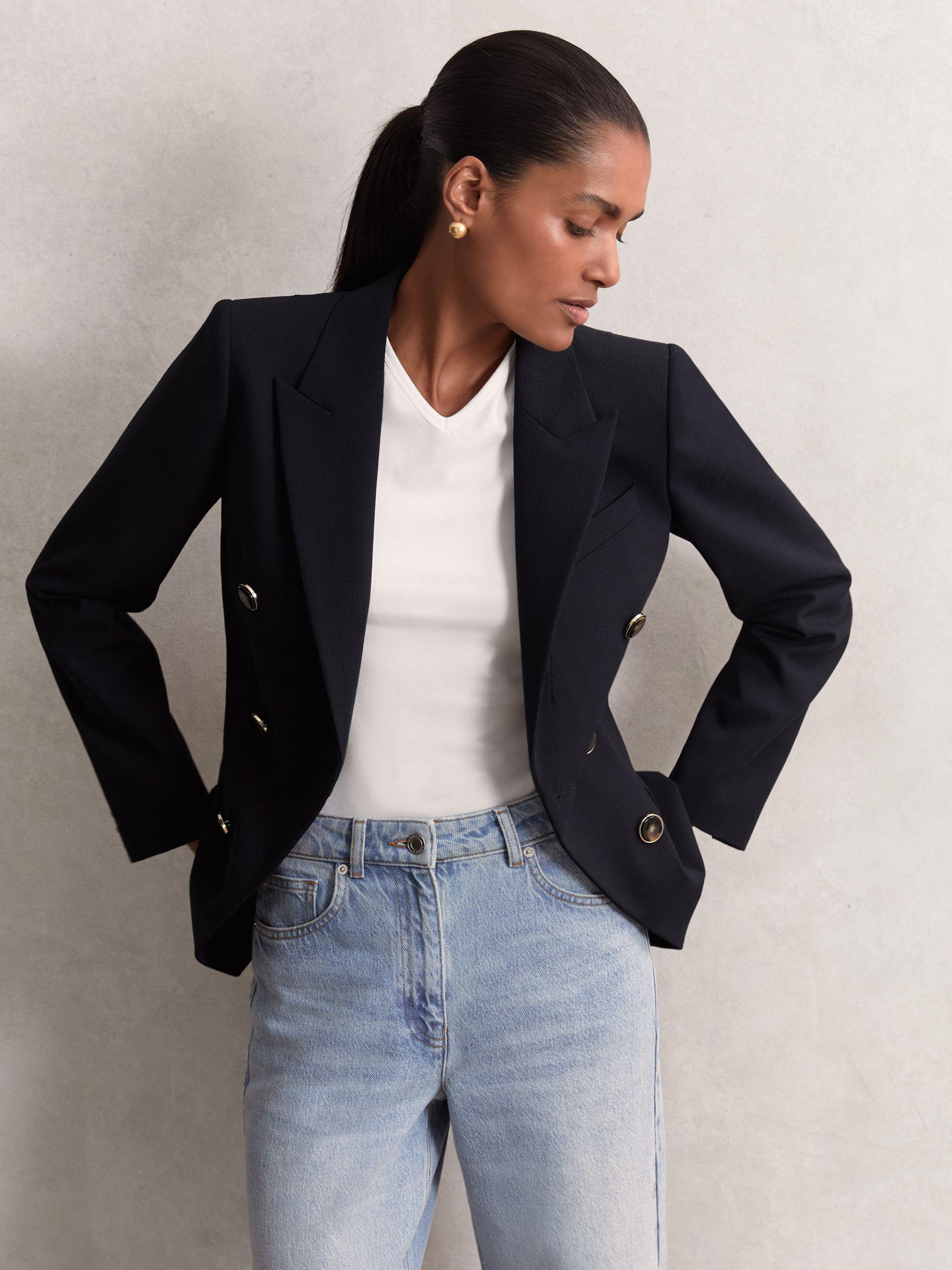 Wool-Blend Double-Breasted Blazer in Navy Product Image