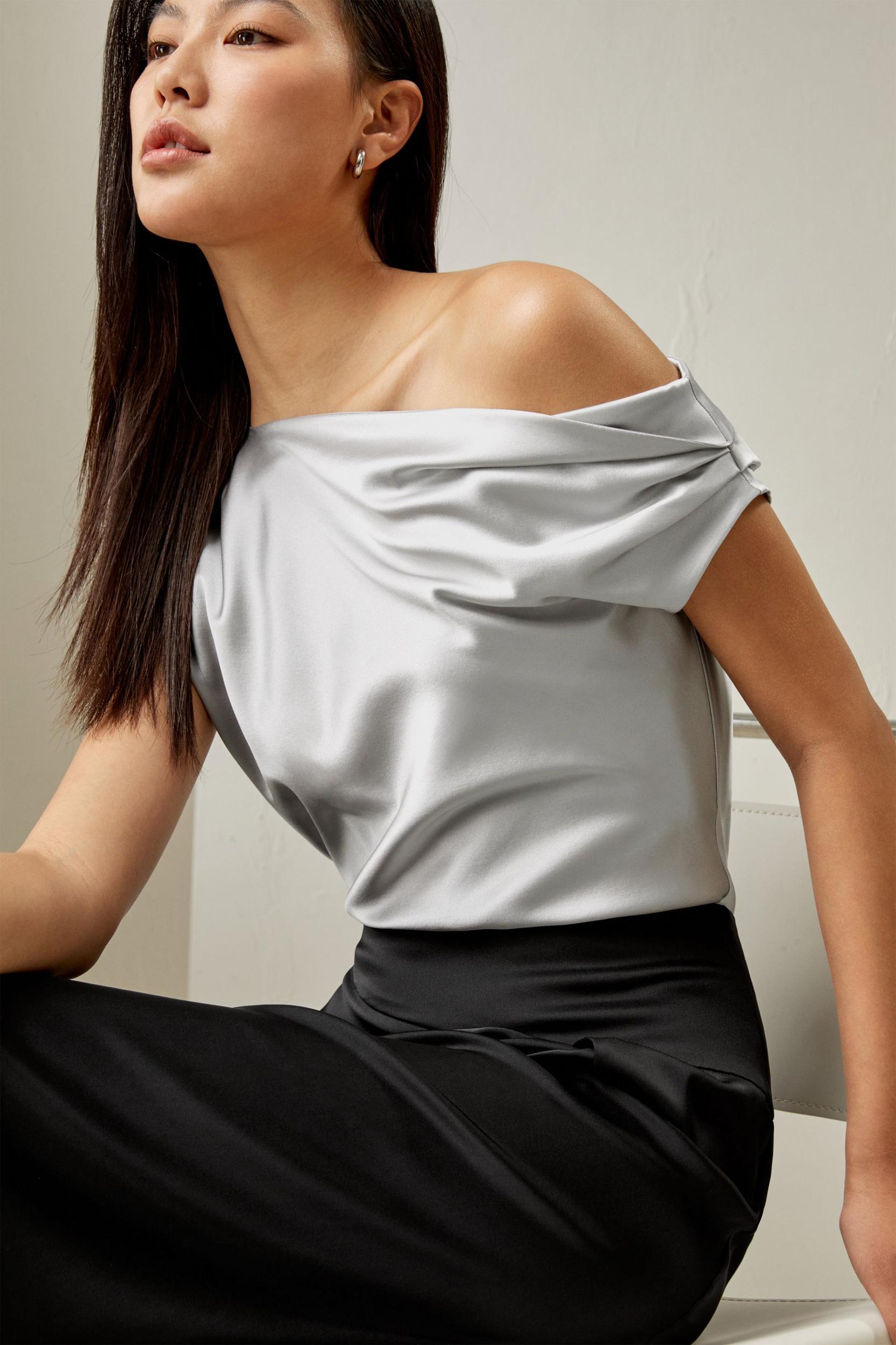 LILYSILK Female One Shoulder Silk Top - Silvergray Premium Silk - Perfect Wardrobe Staples Cowl Neck Silk Top 10 Product Image