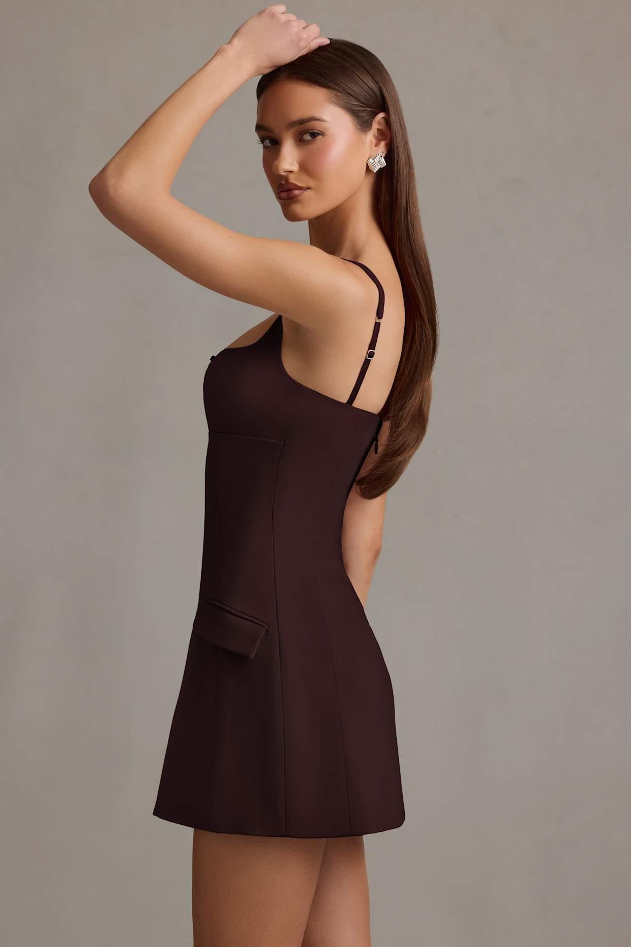 Cut-Out Structured A-Line Mini Dress in Chocolate Brown Product Image