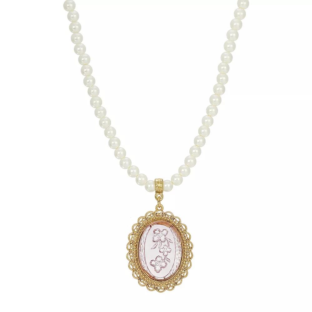 1928 Gold Tone Simulated Pearl Light Purple Intaglio Pendant Necklace, Womens Product Image