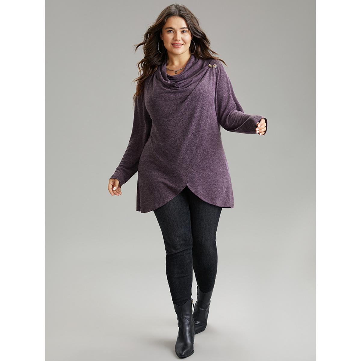 Plus Size Plain Heather Cowl Neck Button Detail Sweatshirt Women Purple Casual Overlapping Cowl Neck Everyday Sweatshirts BloomChic 18-20/2X Product Image
