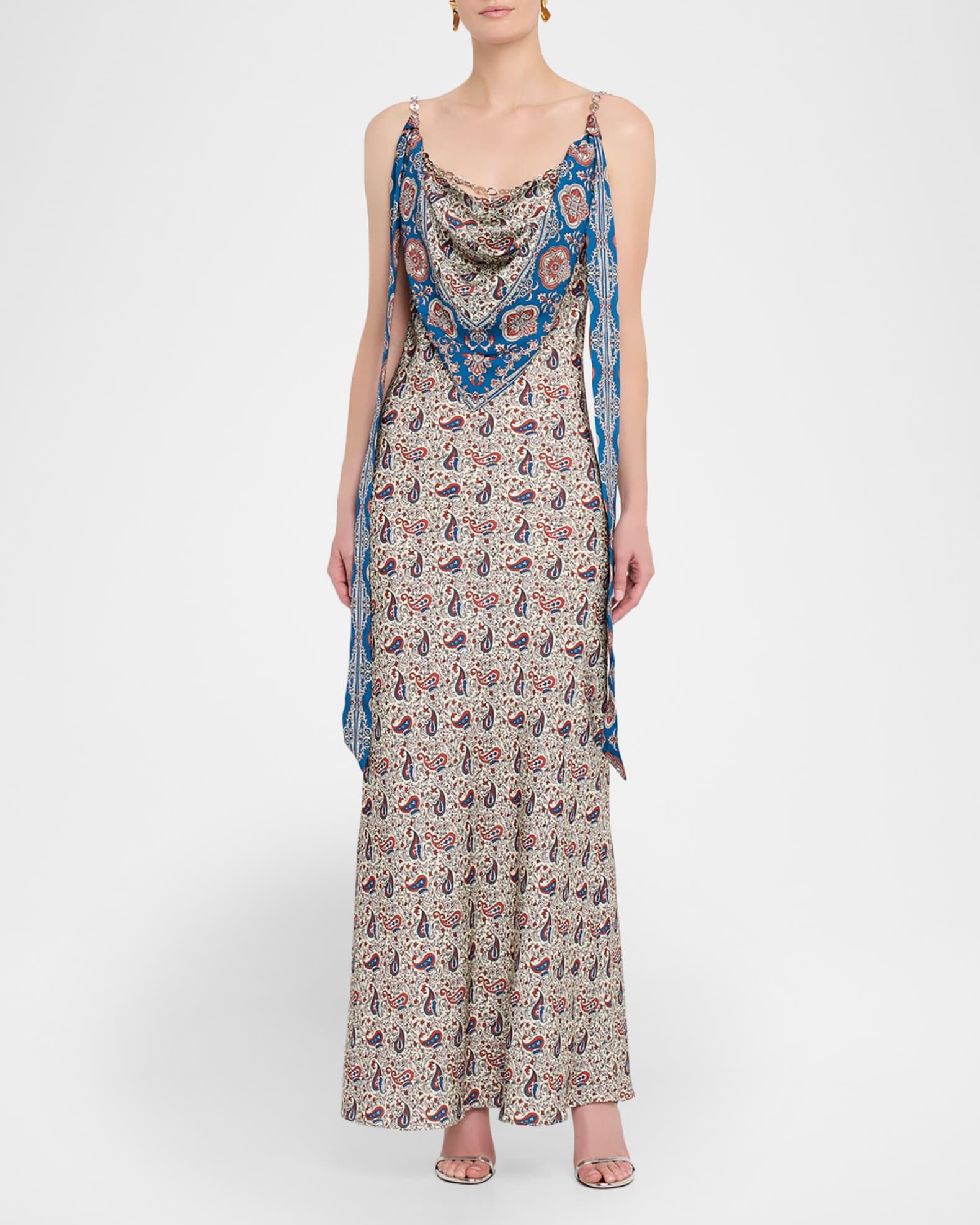 Paisley Scarf Cowl-Neck Satin Chain Maxi Dress Product Image