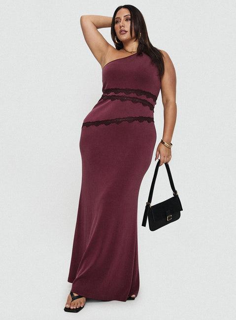 Ultraviolet One Shoulder Lace Maxi Dress Wine Curve Product Image
